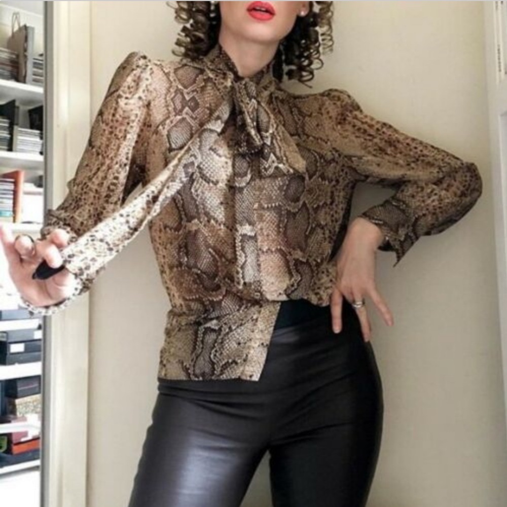 Zara snakeskin print blouse with neck tie